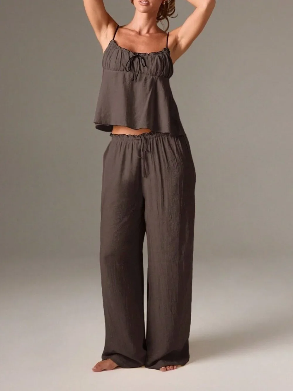 Chocolate Brown CasualWomen's Cami Top And Wide Leg Pants Pajama Set